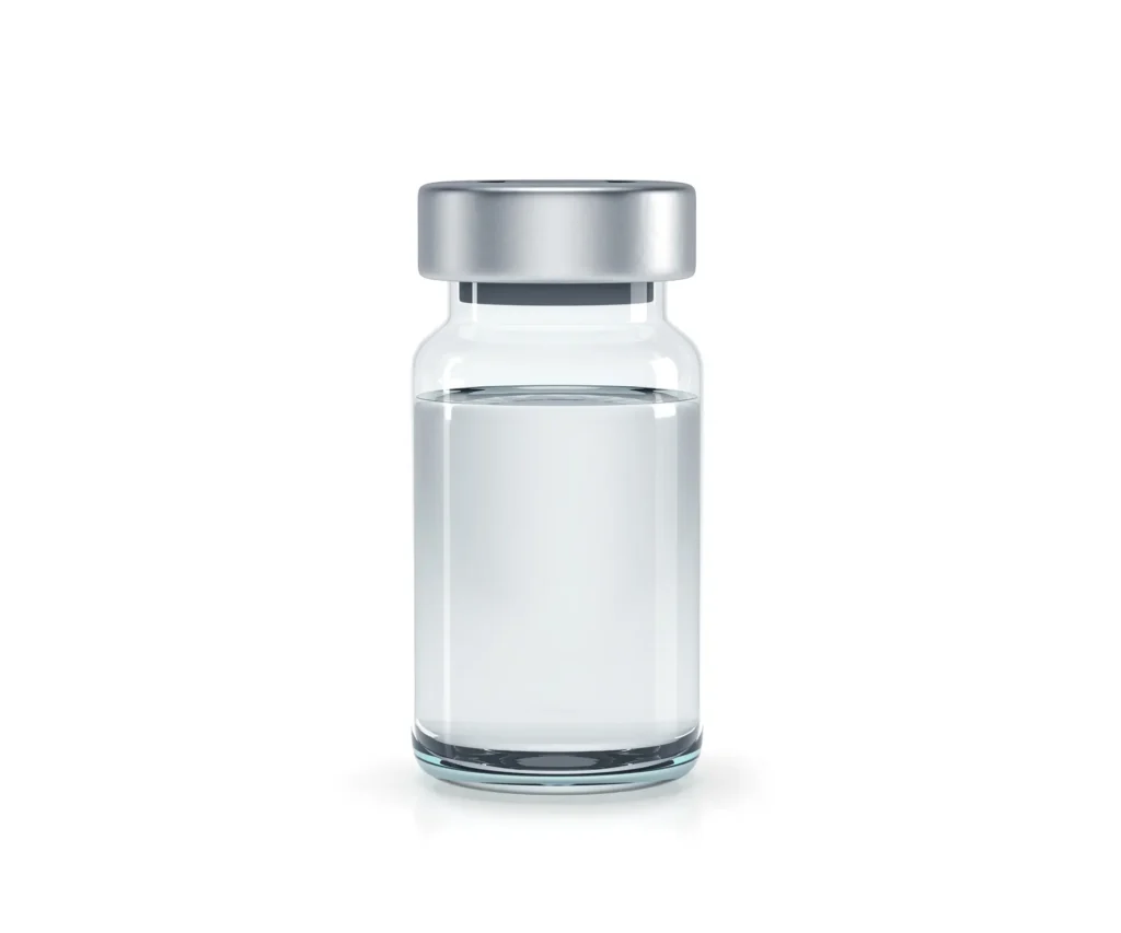 Clear glass vial with a metal cap containing injectable liquid used for medical treatment